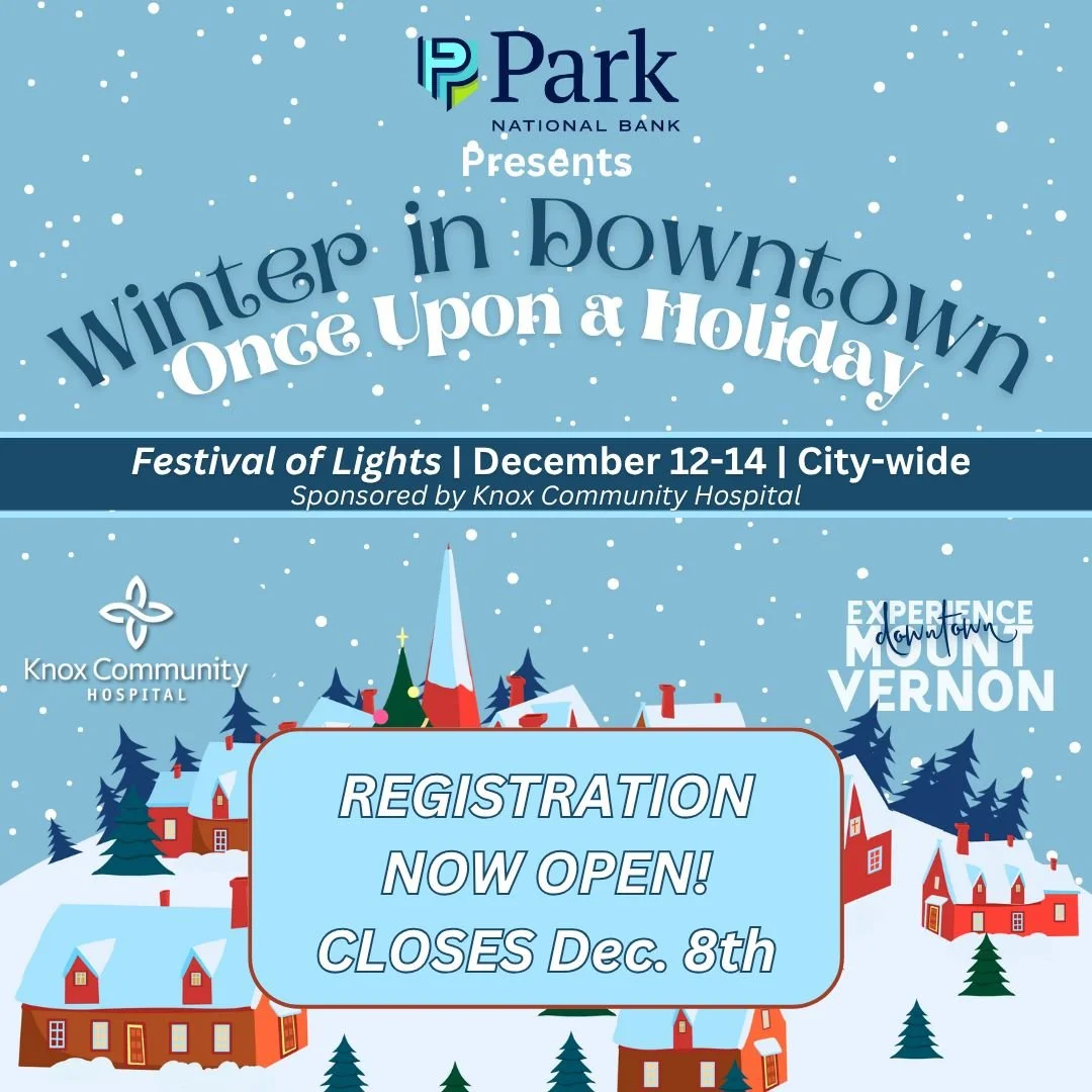 ✨🎄 It&rsquo;s time to light up Mount Vernon! 🎄✨
The 6th Annual Festival of Lights, sponsored by Knox Community Hospital, is back December 12&ndash;14, and we want YOU to join the fun! Whether you love classic white lights, bright and bold displays,