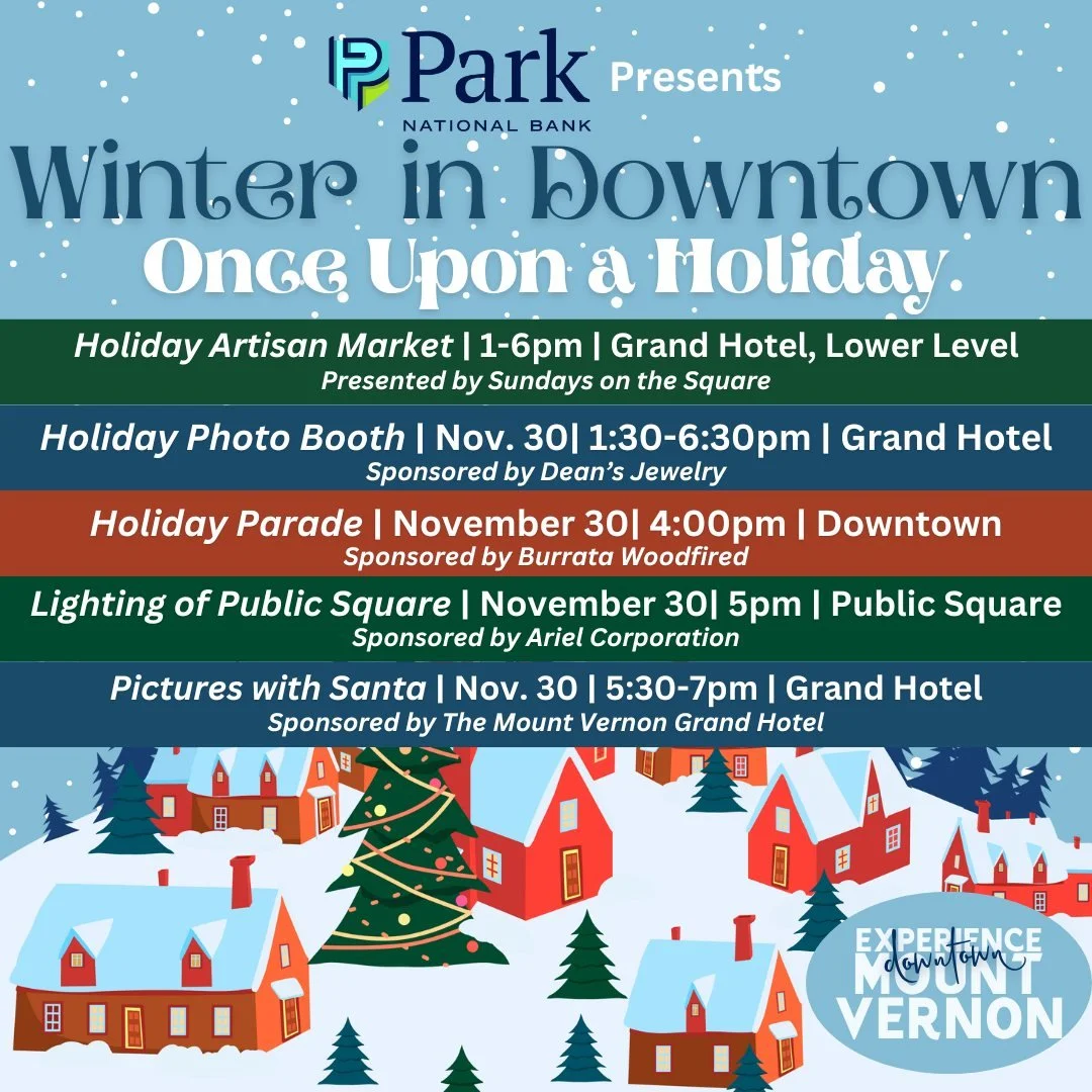 TODAY IS THE DAY! ❄️✨ Winter in Downtown, presented by Park National Bank, Mt Vernon Ohio: Once Upon a Holiday is HERE!

Join us in Downtown Mount Vernon for a full day of festive fun:
🎨 Holiday Artisan Market &mdash; 1&ndash;6pm | Grand Hotel Lower