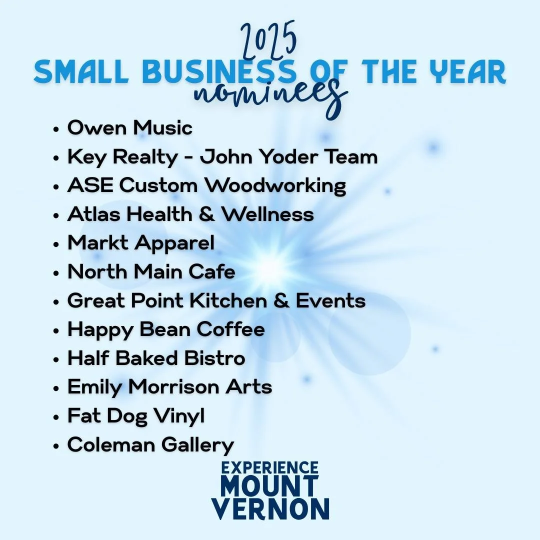 The Experience Mount Vernon Annual Award winners will be announced later this month, but we would like to take the next few days to celebrate the nominees in each category.
🏆 Small Business of the Year Nominees
Our Small Business of the Year nominee