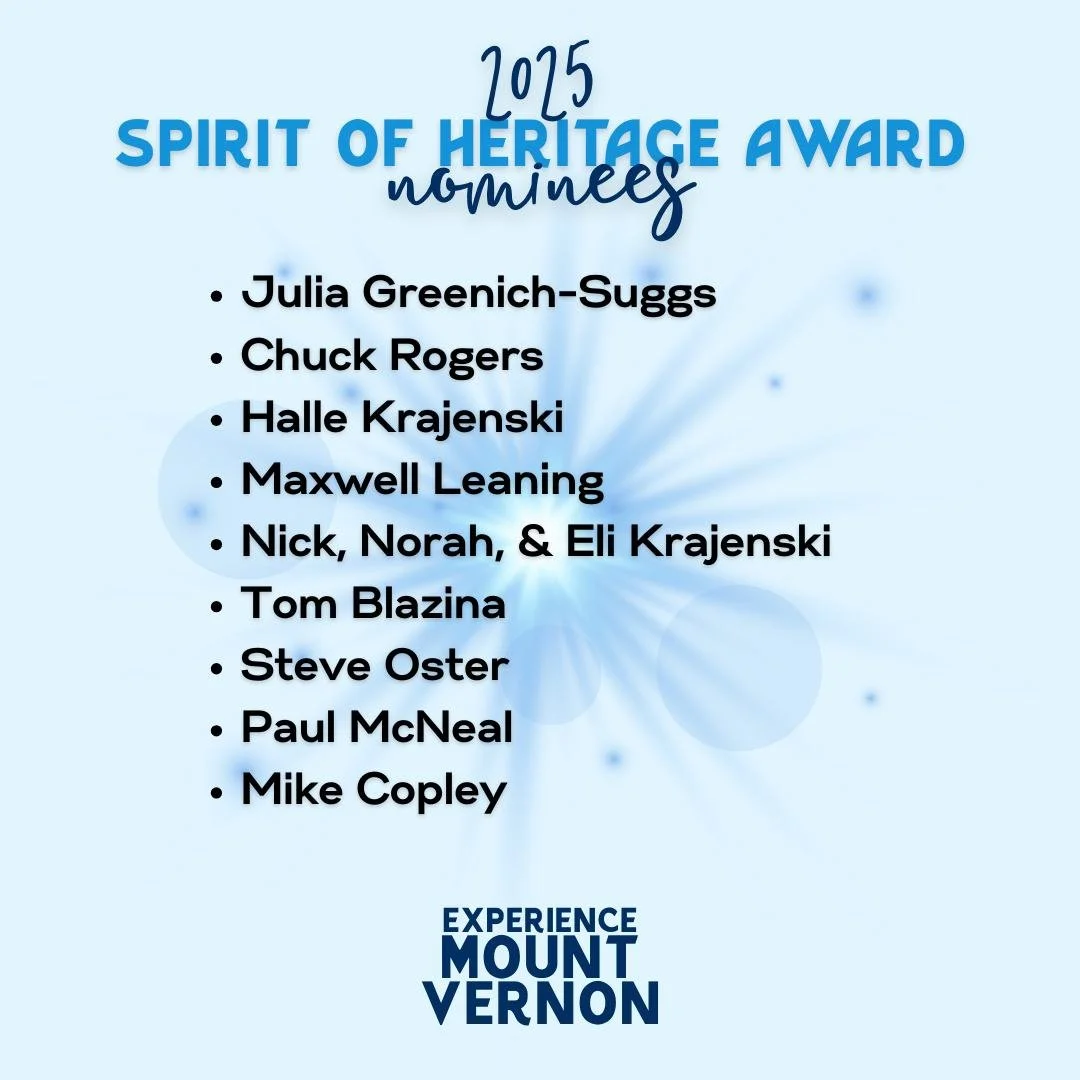 🏛️ Spirit of Heritage Volunteer of the Year Nominees
The Spirit of Heritage Volunteer of the Year award honors individuals who dedicate their time and talents to ensure Mount Vernon remains a vibrant place to live, work, and visit. These nominees ex