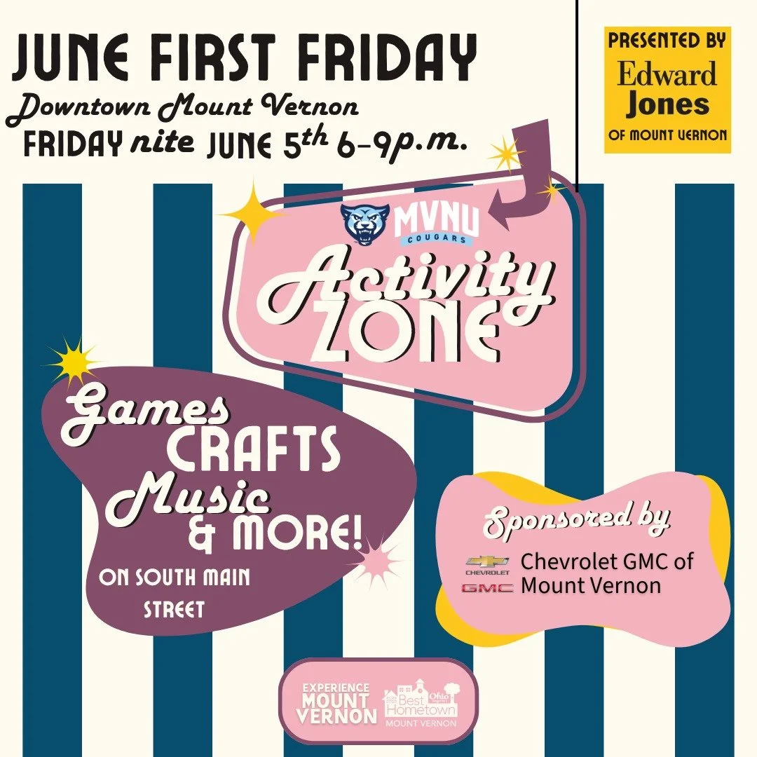 🎈 BIG fun is coming to South Main Street 🎈
The NEW &amp; IMPROVED Activity Zone is your go-to spot for hands-on fun at June First Friday!
📍 South Main Street, between Gambier Street &amp; Ohio Avenue
Sponsored by Chevrolet GMC of Mount Vernon
Host