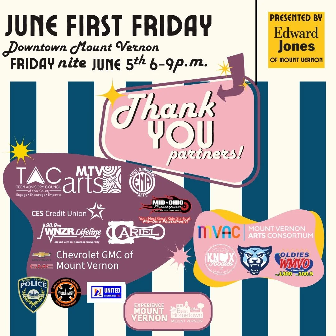 💛 It takes a community 💛
A huge THANK YOU to our June First Friday sponsors and partners:
Presented by Edward Jones Offices of Mount Vernon

Featuring support from:
Food Truck Sponsor: @ariel_corporation 
Activity Zone Sponsor: @chevroletbuickgmcof