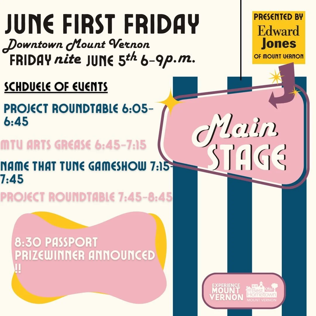 Here is the Schedule of Events for June First Friday ! The Name that tune game show is open to the public for signup at the MVAC tent . We look forward to seeing everyone  rattle and rolling downtown on Friday 🎸🎸#firstfriday #grease
