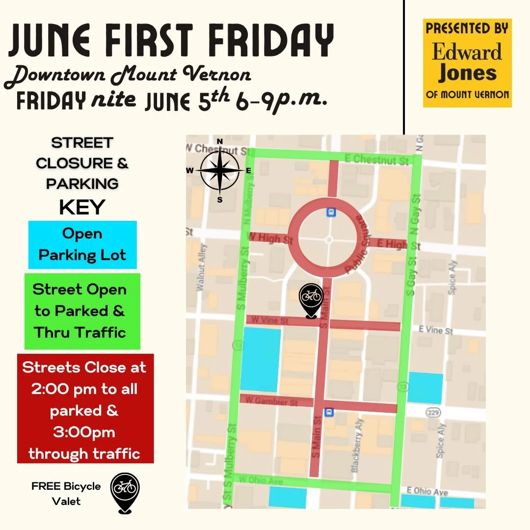 🚧Plan Ahead🚧 Road closures for First Friday, June 5th: 🅿️ Parking Restrictions begin at 2:00pm 🚫 Full Closure begins at 3:00pm. 🚲 Don&rsquo;t forget that Get Healthy Knox County will be providing its FREE bicycle valet again this year! Find them