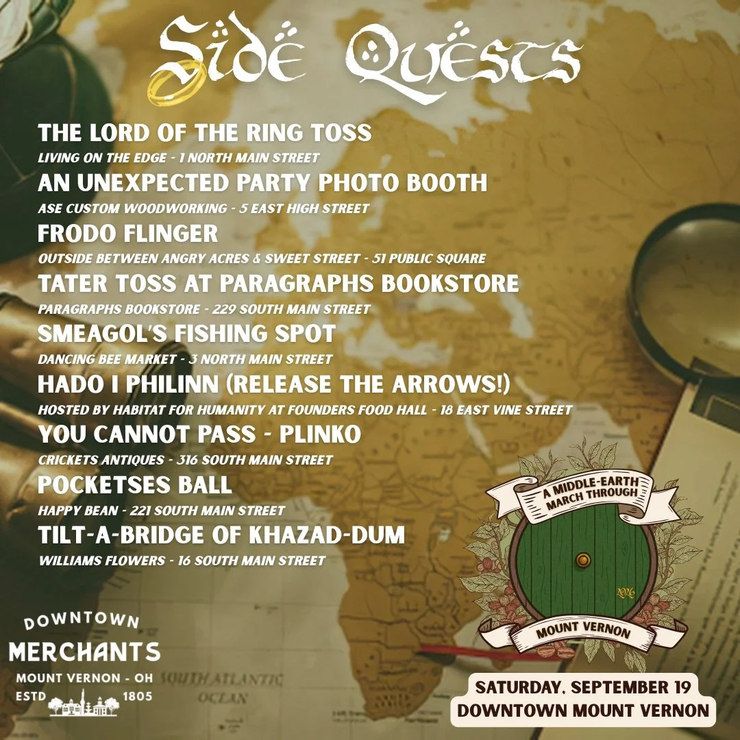 Every adventurer needs a side quest. ⚔️

Luckily, the 2nd Annual Middle-earth March Through Mount Vernon will have plenty.

On September 19, test your skills with:
The Lord of the Ring Toss at @tablesboardsmore 
An Unexpected Party Photo Booth at @as