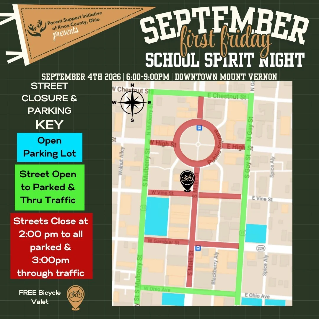 The FINAL First Friday of the season is this week on Friday, September 4! Just a reminder that the following roads will be closed to parked vehicles beginning at 2:00pm on Friday and to driving traffic at 3:00pm:
-Main Street from Chestnut to Ohio Av