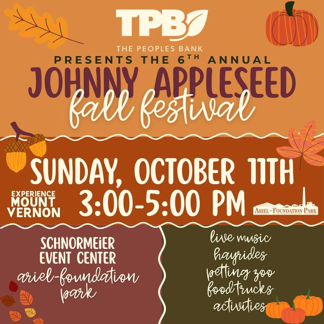 🍎🍂 Save the Date! 🍂🍎

One of our favorite fall traditions is almost here with a few upgrades!

Join us for the 6th Annual Johnny Appleseed Fall Festival sponsored by The Peoples Bank of Gambier on Sunday, October 11, from 3&ndash;5 PM at the Schn