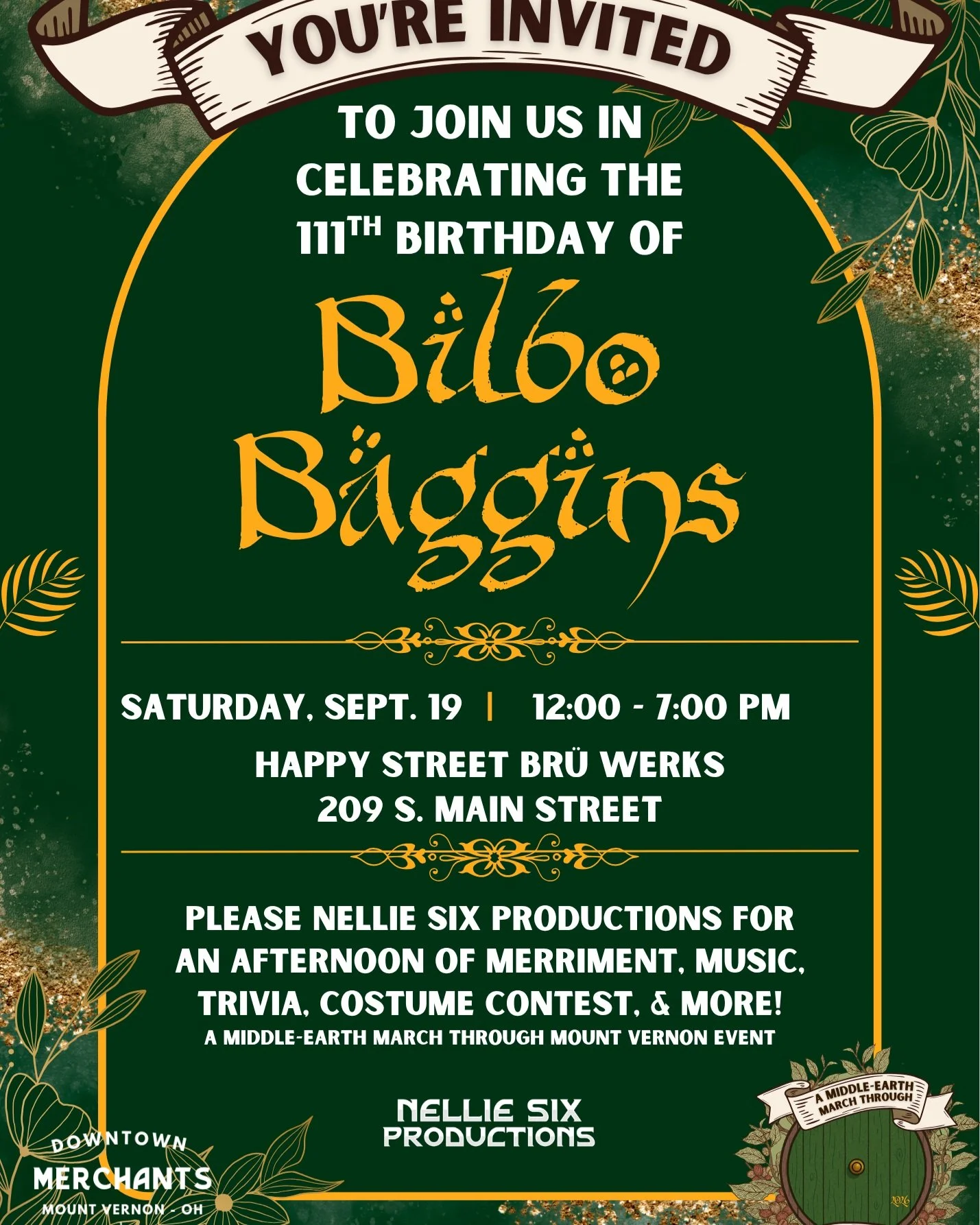 🎂🍻 YOU ARE CORDIALLY INVITED TO BILBO BAGGINS' 111TH BIRTHDAY PARTY! 🍻🎂nAfter all, a hobbit only turns eleventy-one once. 🌿

As part of the 2nd Annual @mtvernonhobbitday, @nellie_six_productions is hosting an afternoon and evening full of Middle