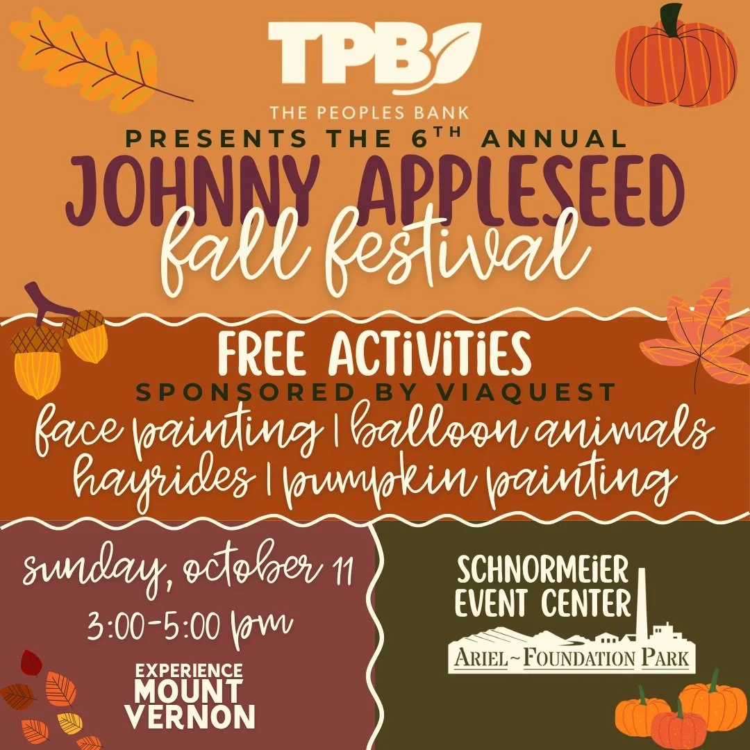 🍎 A whole bushel of fall fun is waiting for you!
There are plenty of activities to keep the whole family smiling at the 6th Annual Johnny Appleseed Fall Festival presented by the Peoples Bank of Gambier!
🎃 Pumpkin painting
🎨 Face painting by Creat