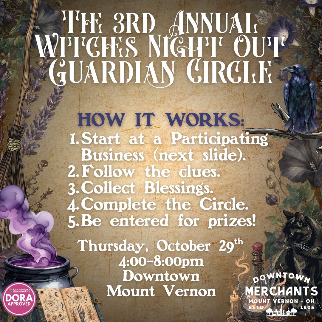 🔮 THE GUARDIAN CIRCLE AWAITS. 🔮 the 3rd Annual Witches Night Out, hosted by the Mount Vernon Downtown Merchants, is right around the corner!

Here&rsquo;s how the magic works:

✨ Start at a participating downtown shop (2nd slide).
🌙 Follow the clu