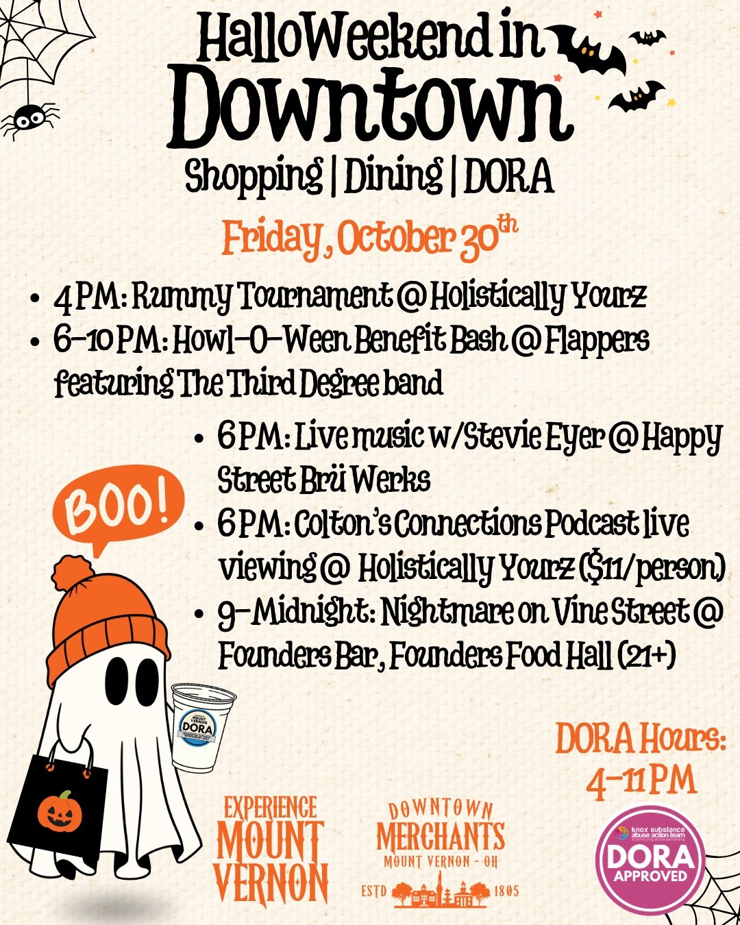 👻 Your Friday night plans called. They're looking a little spooky. 🎶

HalloWeekend continues today, Friday, October 30, with live music, games, and Halloween fun in Downtown Mount Vernon!

🍹 DORA hours: 4&ndash;11 PM
🎲 4 PM: Rummy Tournament at H
