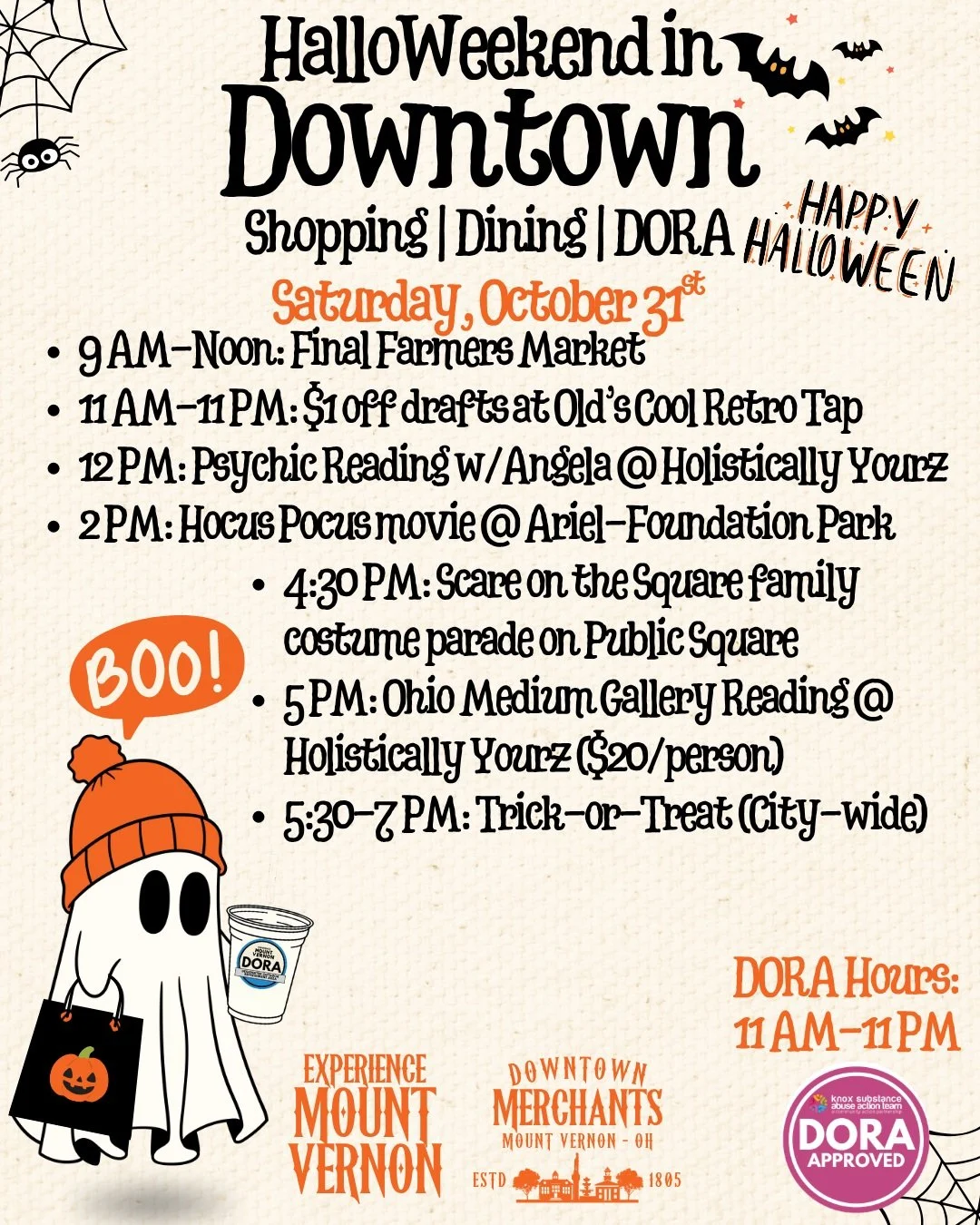 🎃 Happy Halloween, Mount Vernon! 👻

Spend your Halloween Saturday in Downtown Mount Vernon! Whether you're looking for family fun, a little spooky entertainment, or a place to meet friends, there's something happening throughout the day.

🍎 9 AM&n