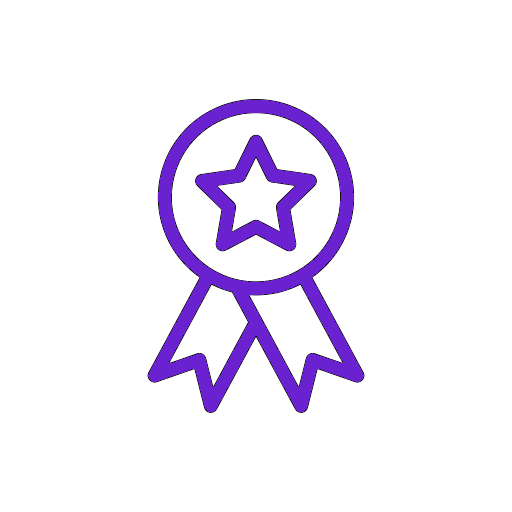 Purple outline of a medal with a star in the center and two ribbons hanging below.