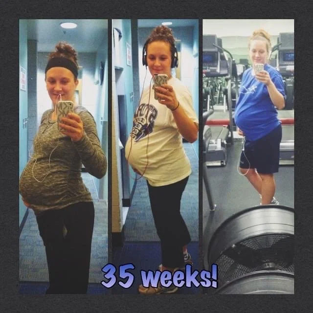Side-by-side photos of a woman at 0, 20, and 35 weeks of pregnancy, taking mirror selfies at a gym, showing her growing baby bump over time, with the text "35 weeks!" at the bottom.