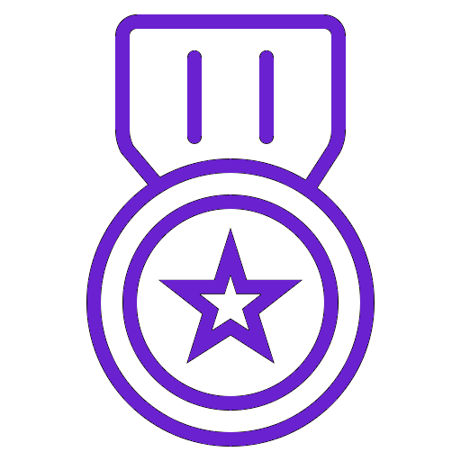 Purple outline of a medal with a star in the center and a ribbon hanging above.