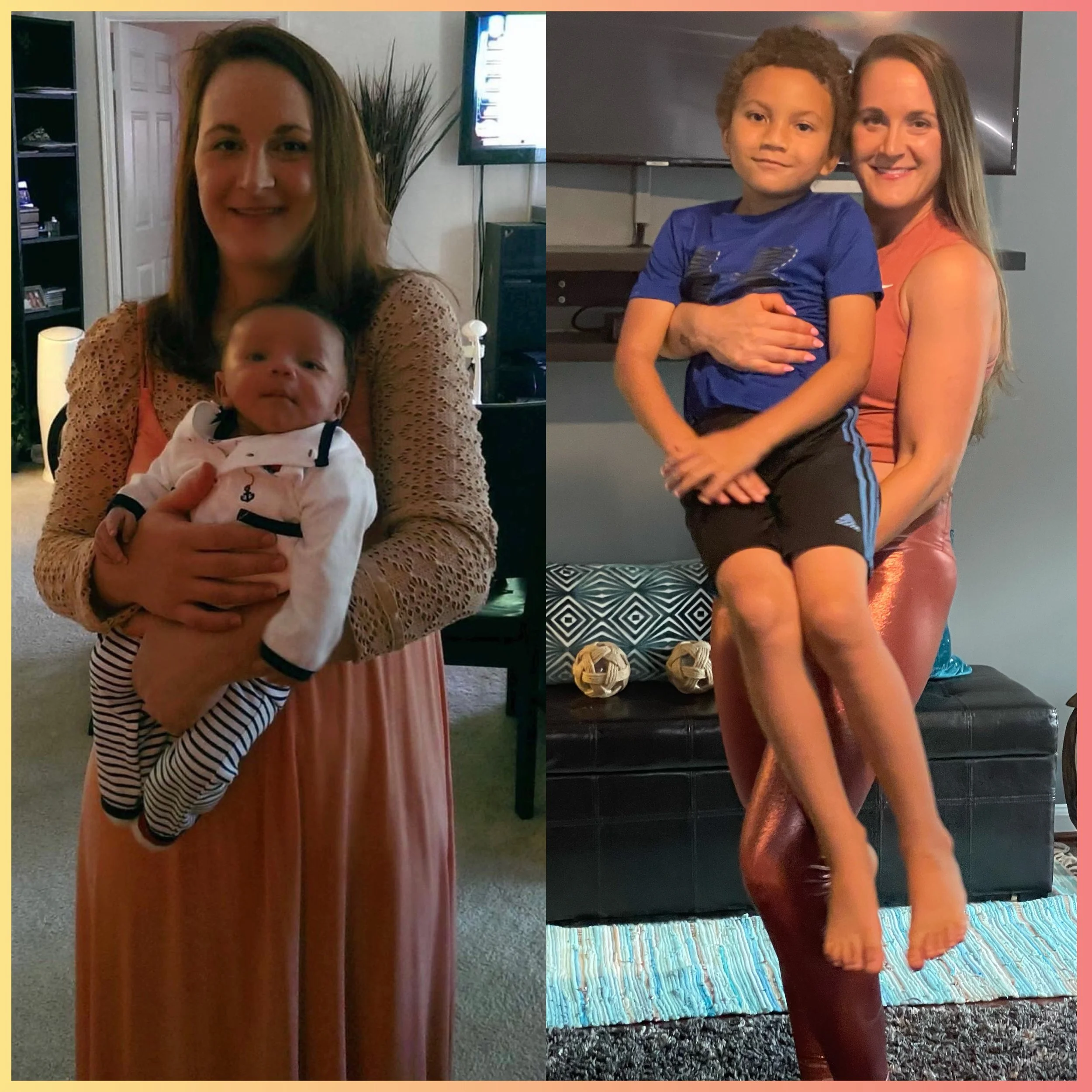 Two women, each holding a child, in different settings. The woman on the left has shoulder-length brown hair and is holding a baby dressed in striped pajamas and a white jacket, standing in a living room. The woman on the right has long blonde hair, 