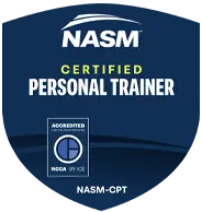 Badge that reads 'NASM Certified Personal Trainer' with 'Accredited by the NCGA' logo.