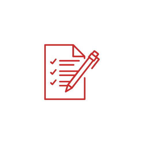 Red checklist icon with pencil on paper