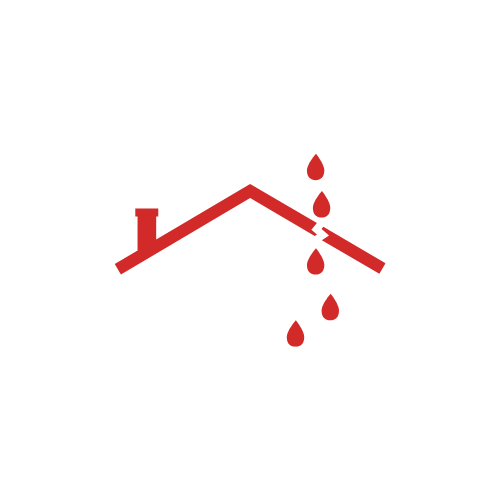 Red roof with chimney icon and water drops falling, indicating roof leakage or repair.