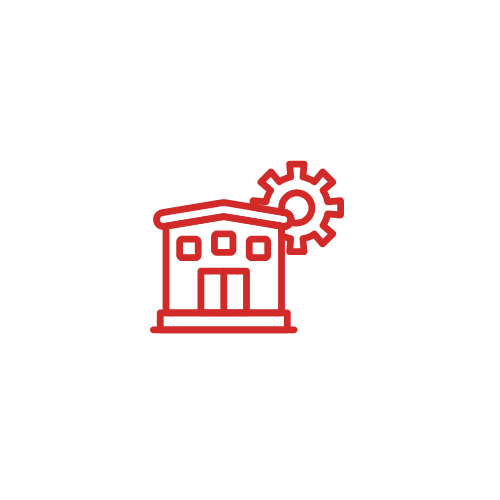 Red house and gear icon representing manufacturing or industry on a transparent background.