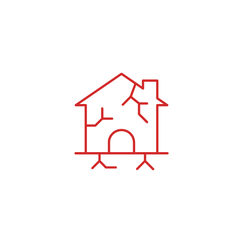 Red outline of a cracked house icon on a black background.
