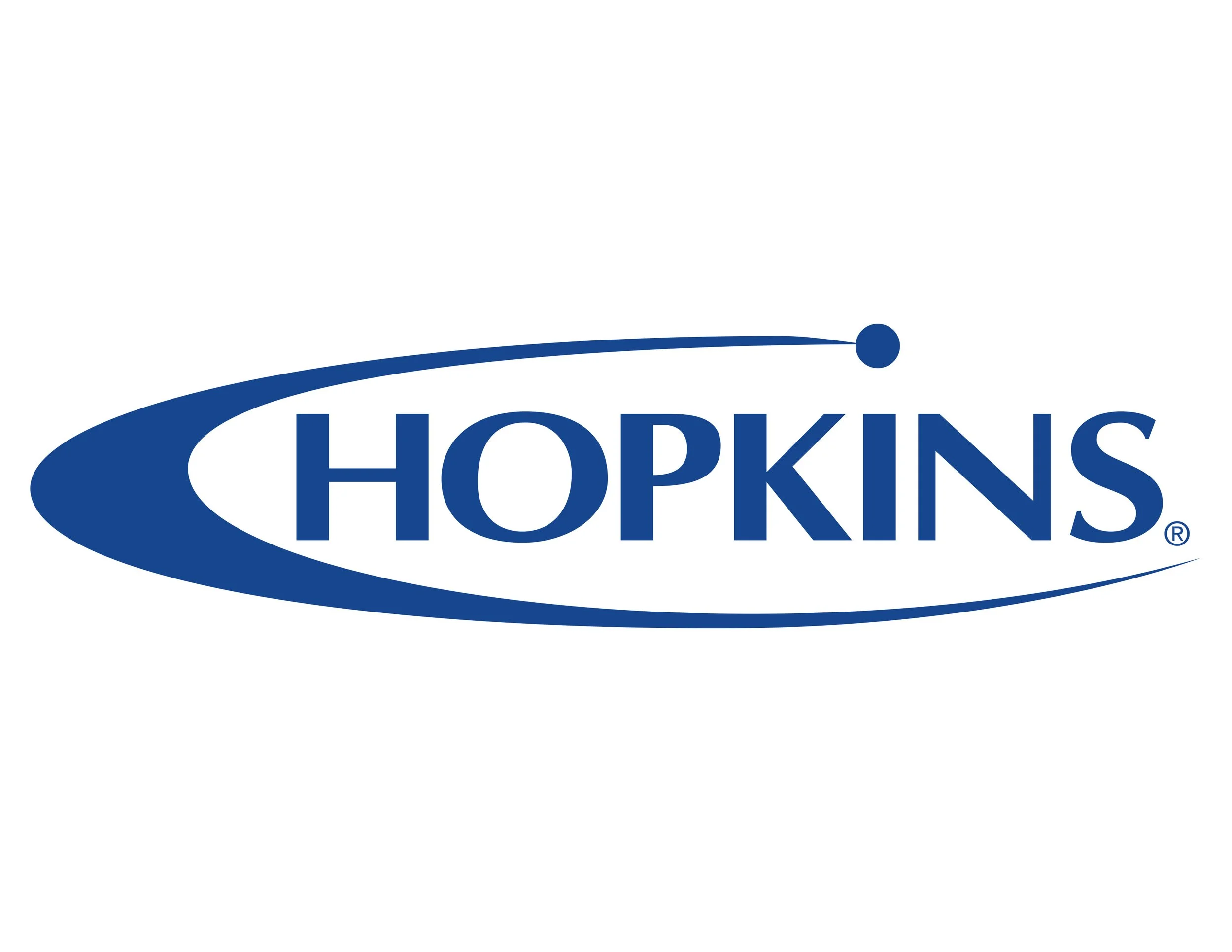 The Hopkins logo with the word 'Hopkins' in blue within a blue elliptical swoosh with a small stylized orbit and dot above the letter 'I'.