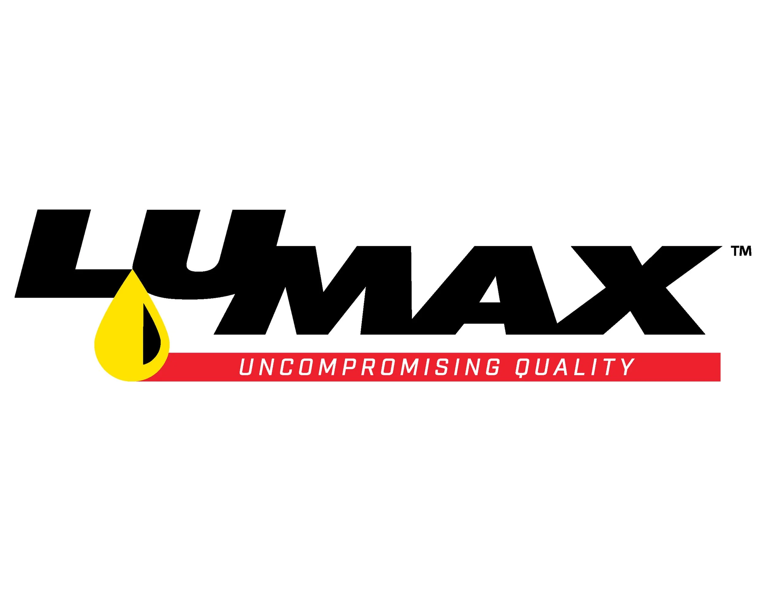 LUMAX logo with a yellow droplet and black teardrop design, and a red banner underneath with white text reading 'UNCOMPROMISING QUALITY'.