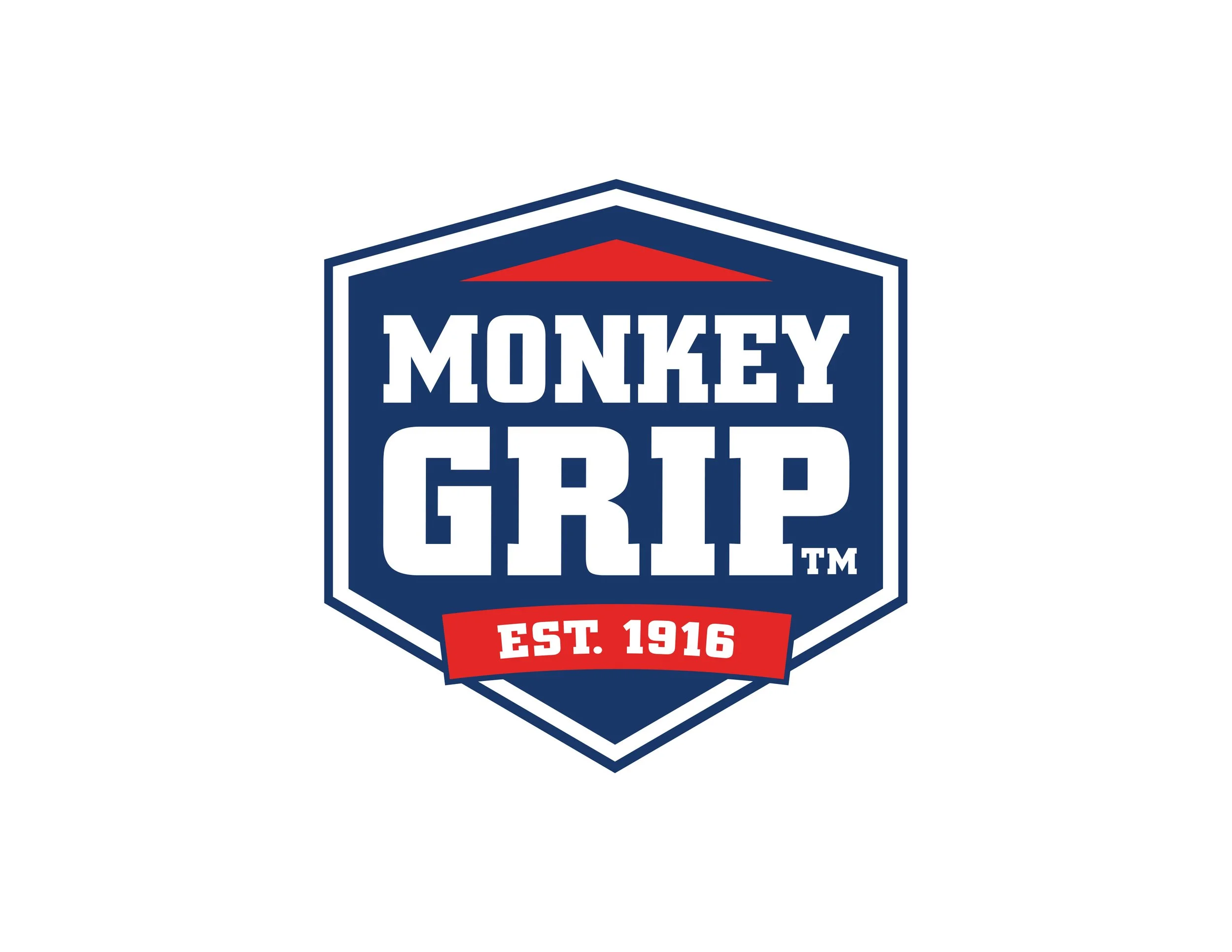 Logo for Monkey Grip, established in 1916, with a blue and red shield design.