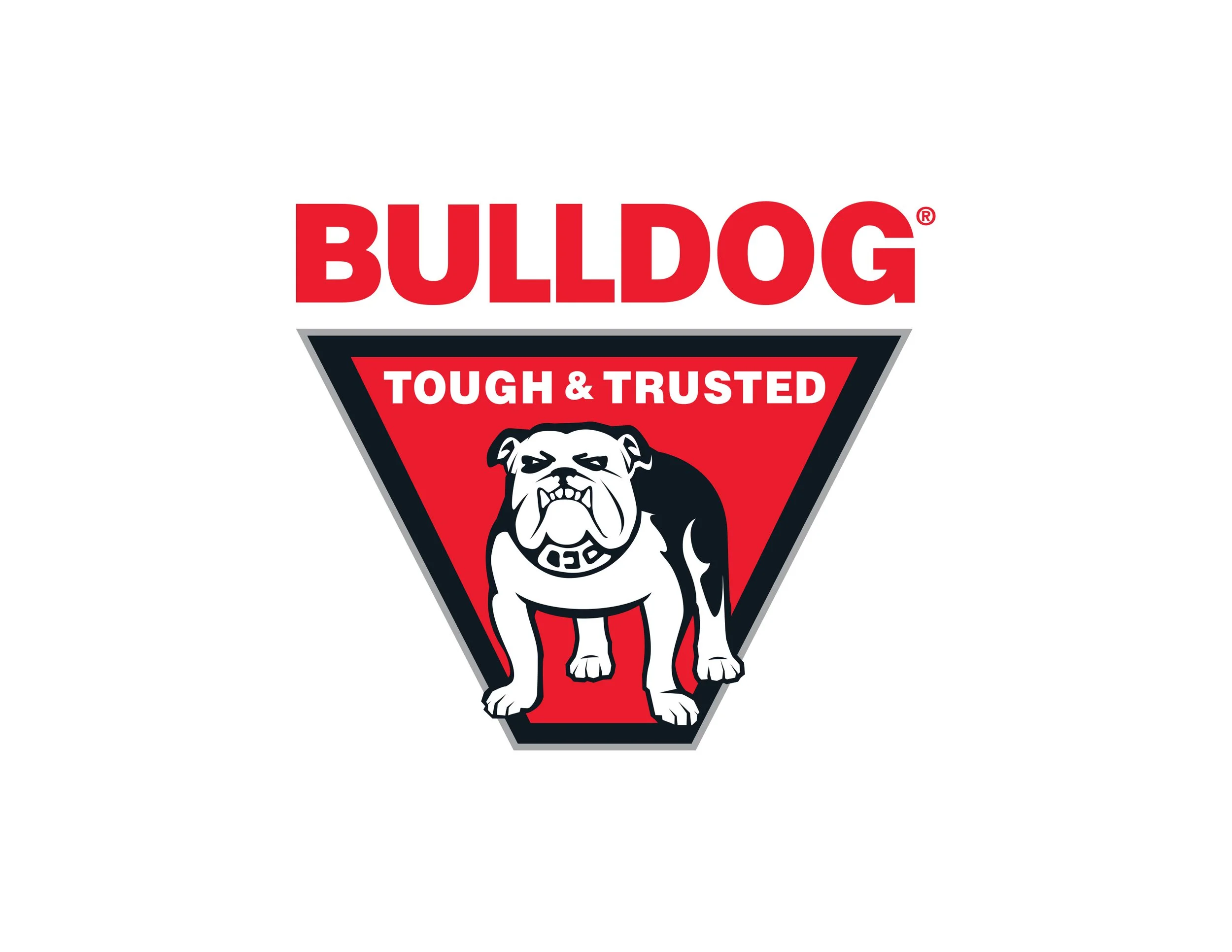 Logo with a bulldog illustration, red background, and text that reads 'BULLDOG TOUGH & TRUSTED'.