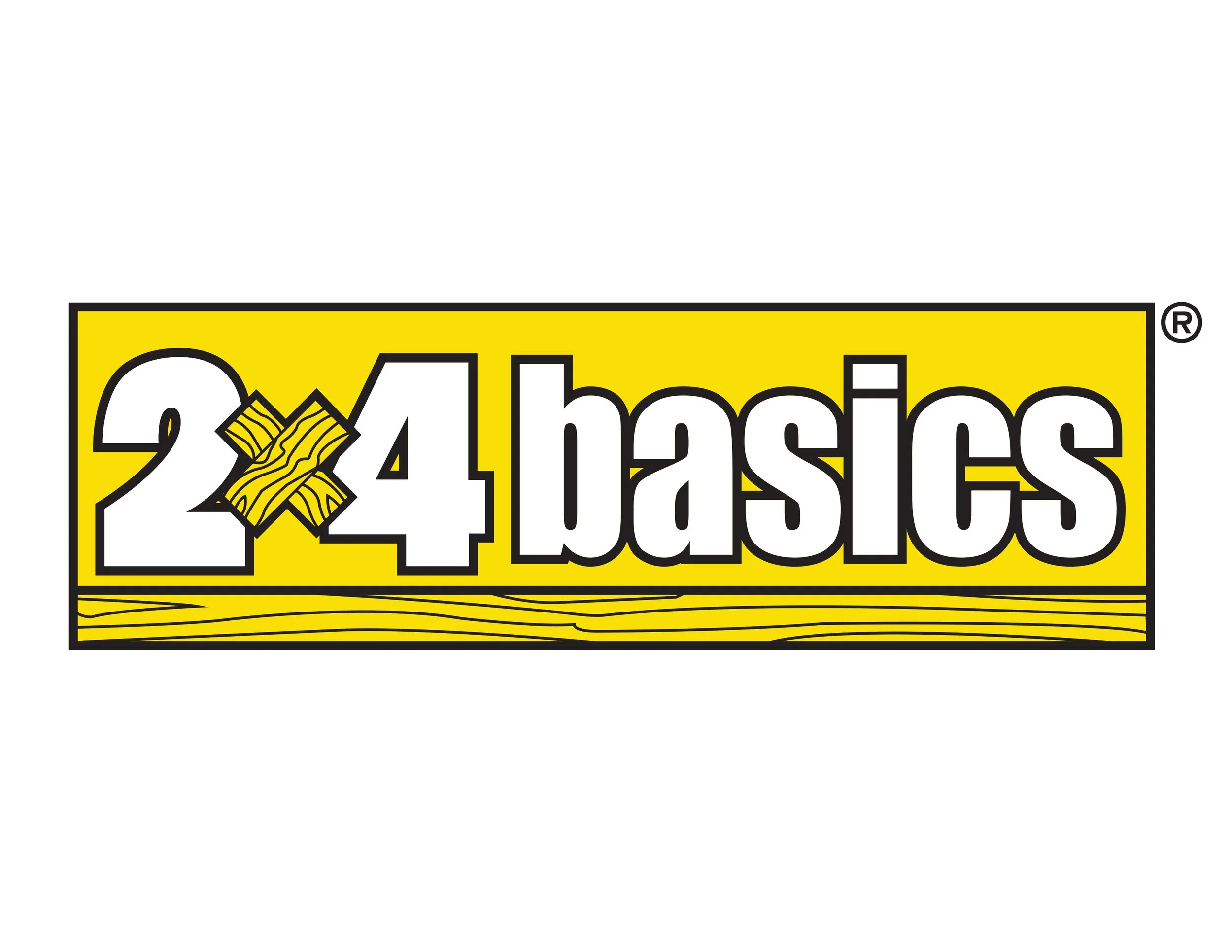 Logo of 24 Basics with a yellow background, black border, and stylized black text. The number 24 features wood grain texture and a small piece of wood crossing the '4'. The word 'basics' is in bold lowercase letters, with a wood plank underline.
