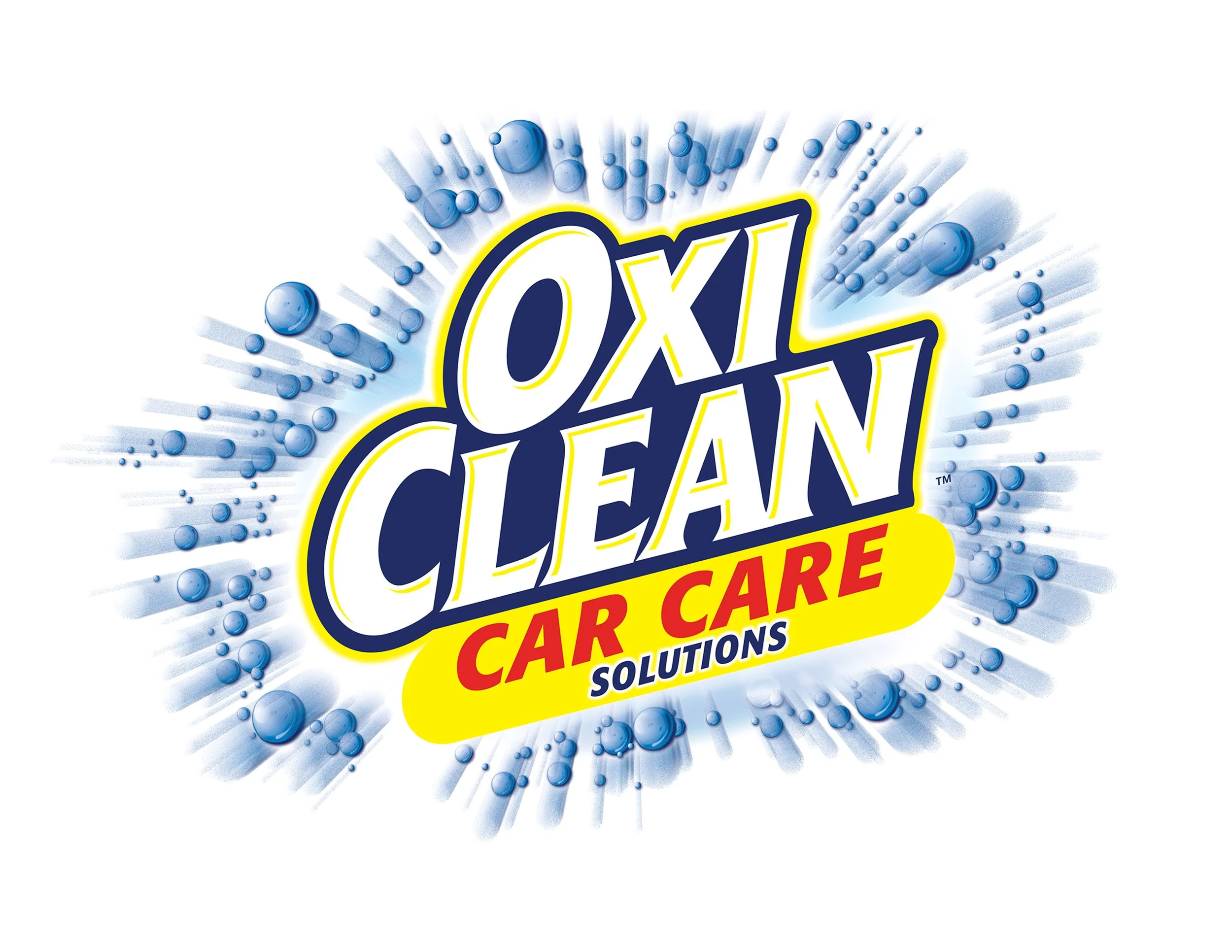 Logo for OxiClean Car Care Solutions with blue bubbles and yellow background