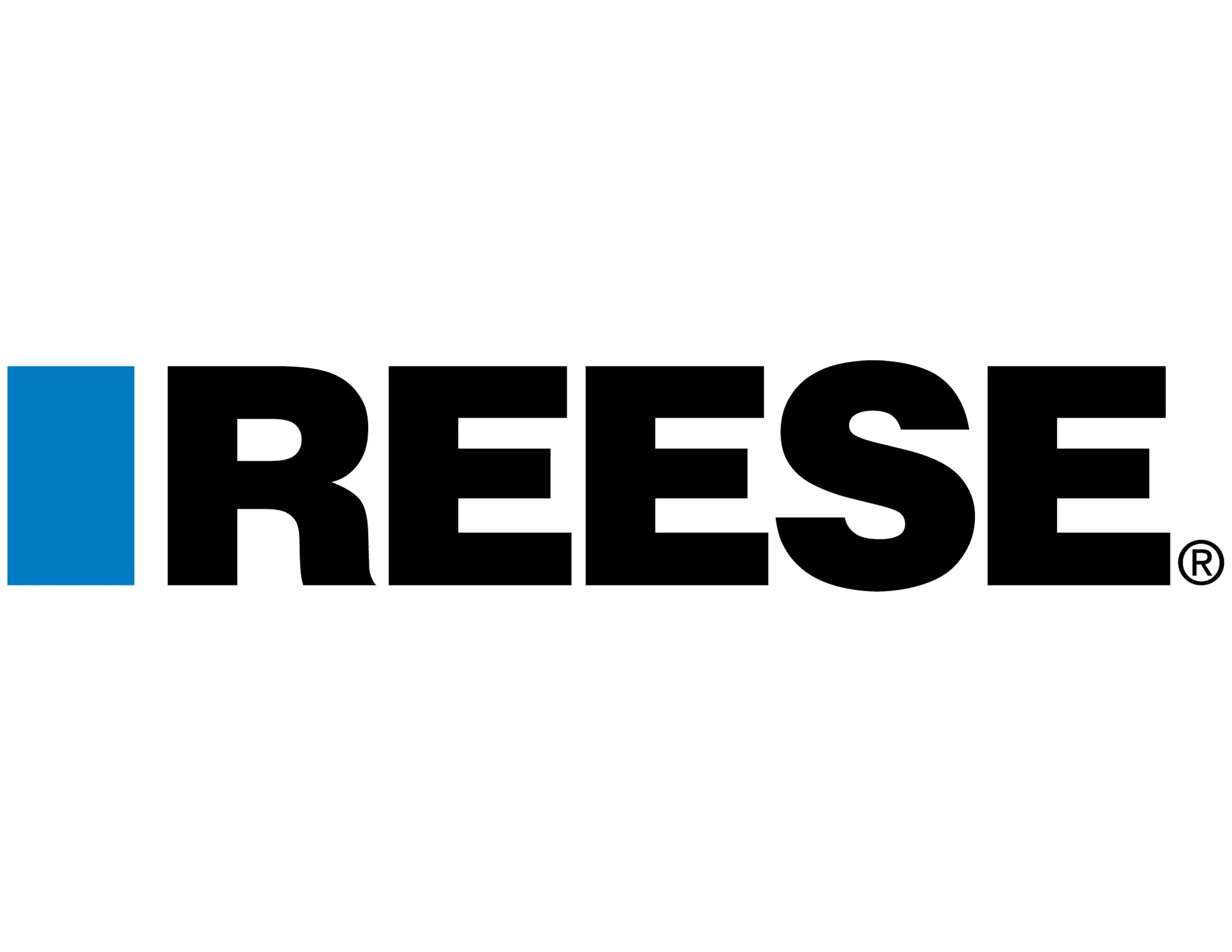 Reese's logo with a blue rectangle to the left of the black and white text.
