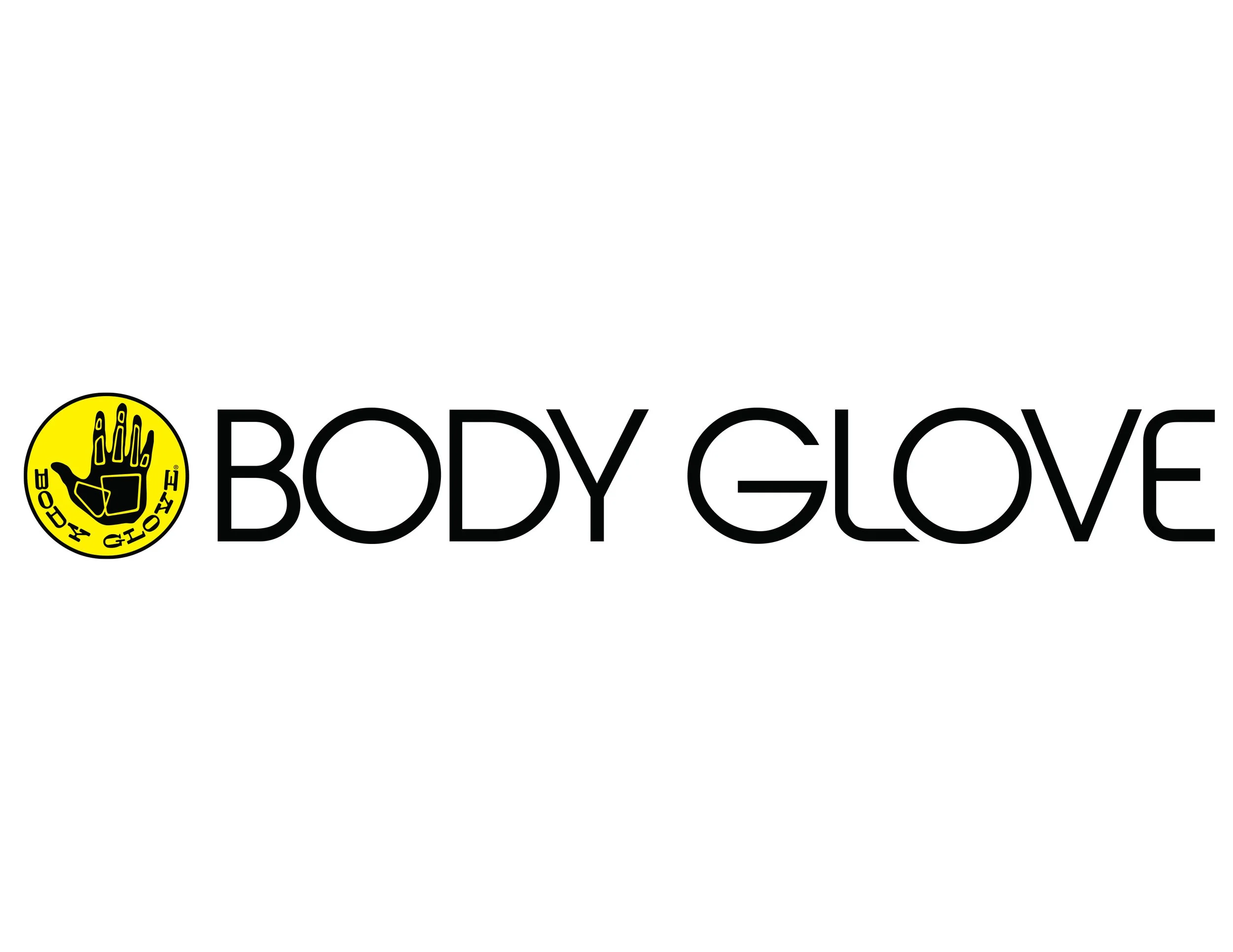 Logo for Body Glove featuring a black outline of a hand with a wristwatch on a yellow circular background labeled 'Body Glove' in black text, accompanied by the words 'BODY GLOVE' in bold black font.