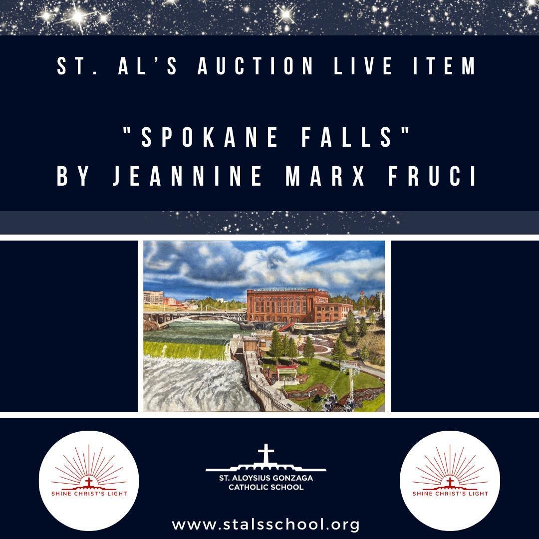 OUR 2024 ST. AL'S AUCTION IS ONLY 4 DAYS AWAY! ⁠ ⁠ ⁠
This beautiful 18x32 watercolor print of Spokane Falls is absolutely breathtaking! It is the FIRST of 500 (1/500) in a limited edition series by well-known watercolor artist and St. Al's alumnae, J