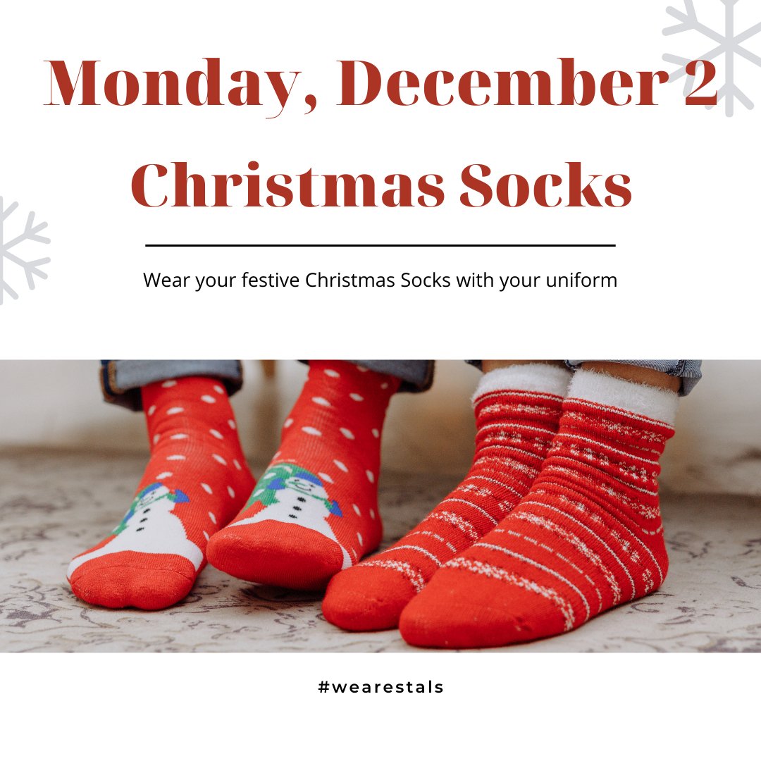 Tomorrow, Monday, December 2 students may wear their favorite Christmas Socks with their uniform. ⁠
#wearestals