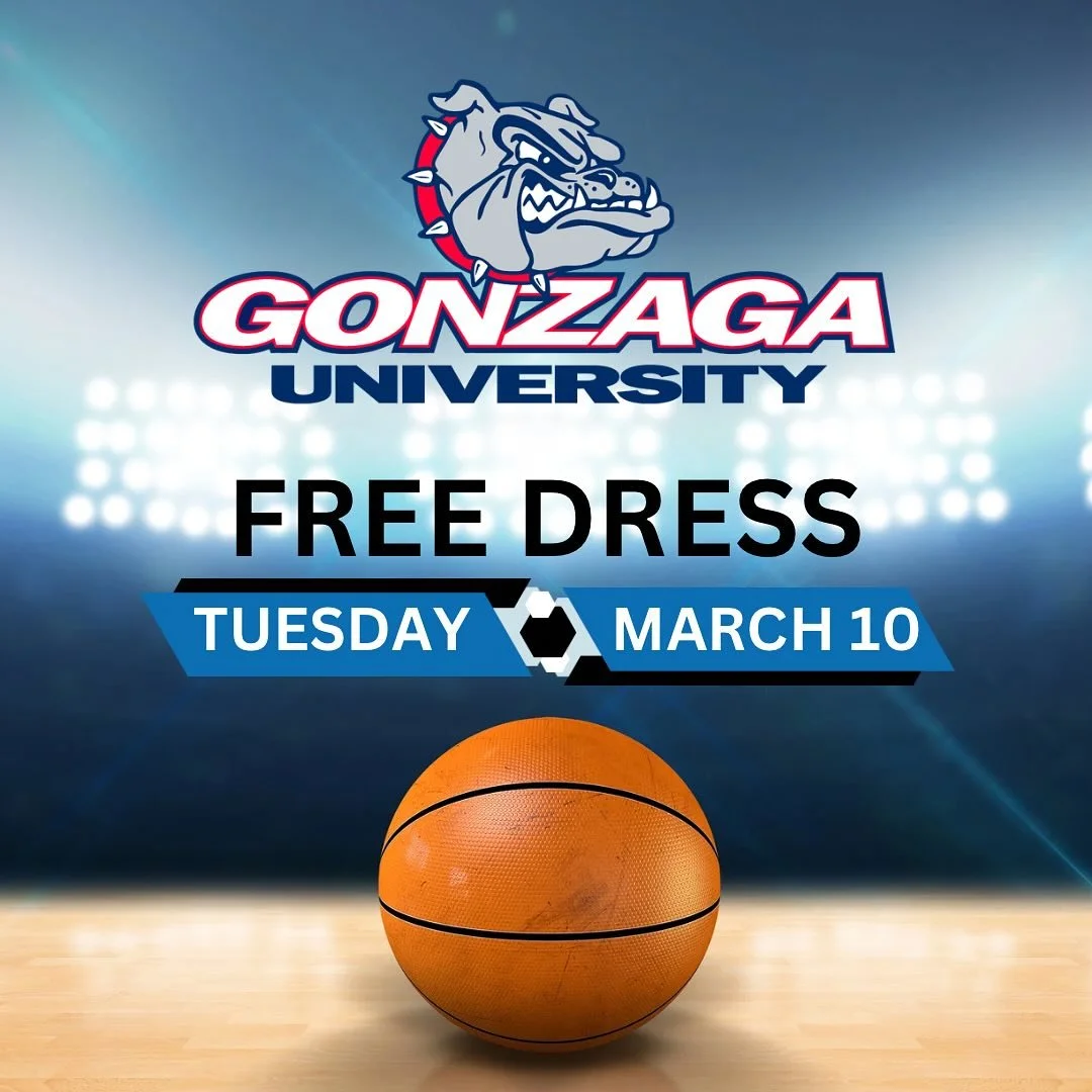 This just in! 📣

To celebrate Gonzaga basketball making the WCC Championship Game, tomorrow will be Gonzaga T-Shirt Free Dress!

Wear your Gonzaga T-shirt with uniform bottoms and show your Bulldog spirit.

Let&rsquo;s see that Zag pride tomorrow! ?