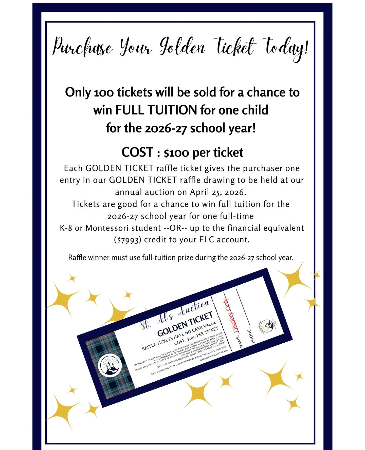 ✨🎟️ GET YOUR GOLDEN TICKET! 🎟️✨⁠
This is your moment! One lucky winner will score FULL TUITION for the 2026&ndash;27 school year OR receive a credit to your ELC account&mdash;an incredible opportunity you don&rsquo;t want to miss!⁠
🔥 Tickets are l