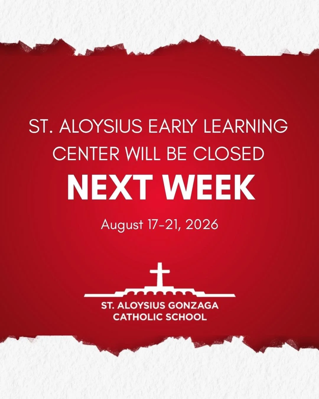 Back to school is almost here! 🍎📚✨

The school building will be closed next week to prepare our classrooms, refresh our spaces, and get ready to welcome our community back for another wonderful school year!

#StAlsGonzaga #BackToSchool #WeAreStAls
