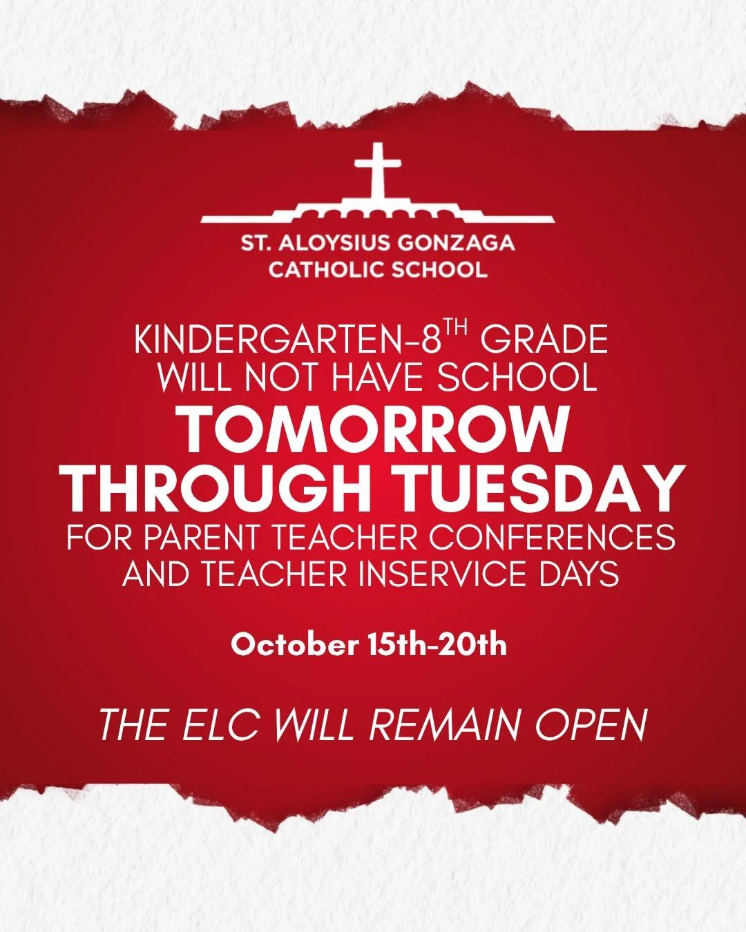 🍂 A little fall break is here! 🍂

St. Al&rsquo;s Kindergarten through 8th grade will not have school tomorrow through Tuesday for parent-teacher conferences and teacher in-service days. The early learning center will remain open! 

While our teache