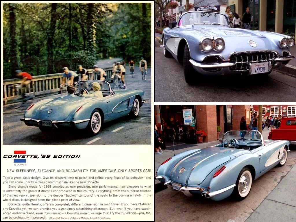 Three vintage Chevrolet Corvettes from the 1959 edition in light blue color displayed at an outdoor event, with people viewing and walking nearby.