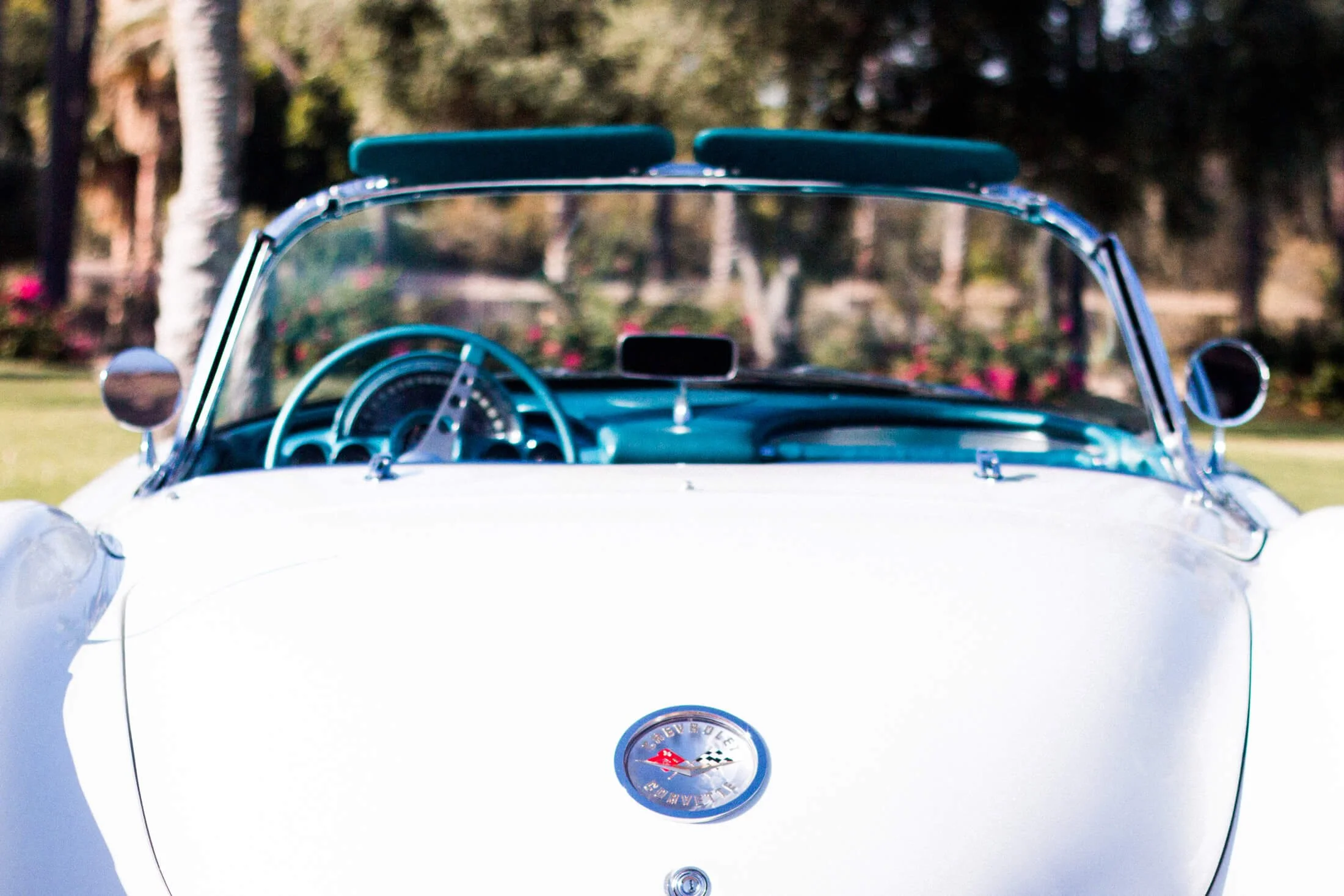 Front view of a classic white and turquoise 1959 Chevrolet Corvette convertible car with a blue interior and dashboard, parked outdoors with trees and pink flowers in the background.
