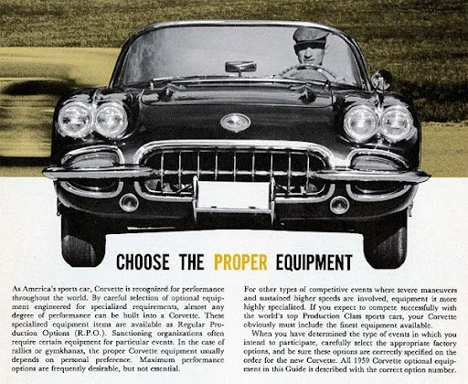 Black vintage sports car with a person driving on a road. The text underneath reads 'Choose the proper equipment'.
