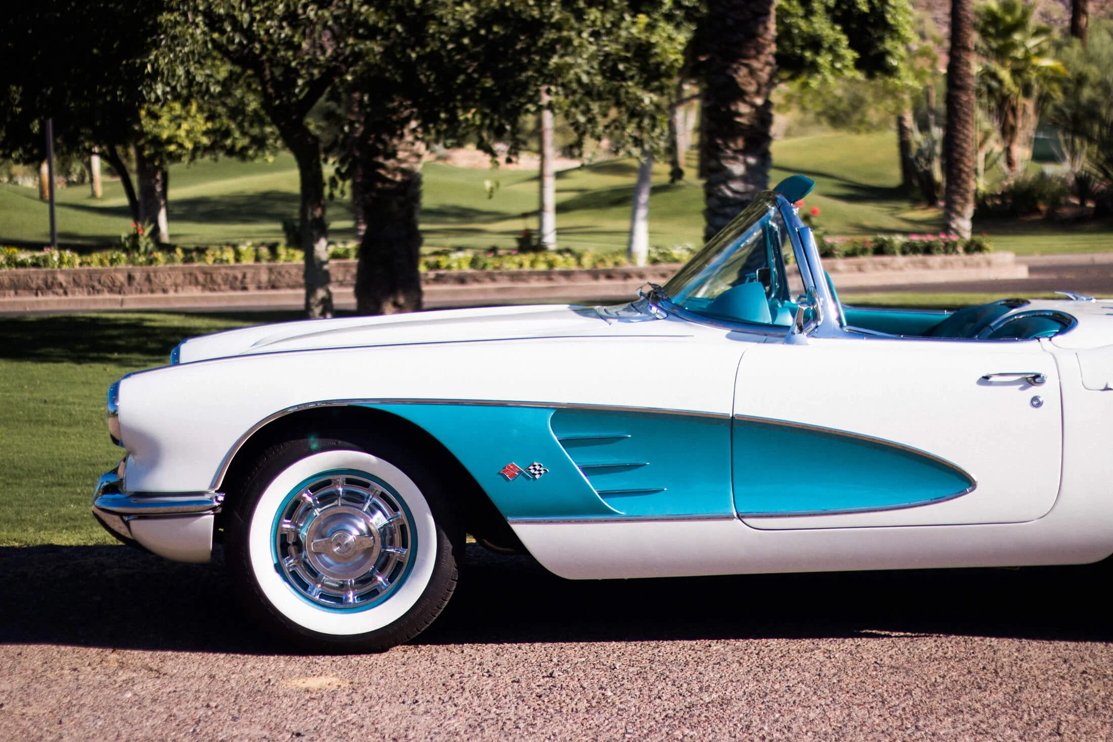 A rare white and turquoise 1959 Corvette convertible car parked on a grassy area with palm trees and a green park in the background.