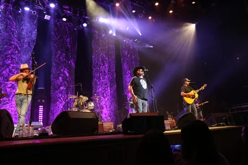 A band performing on stage with purple textured backdrop, featuring a violinist, a drummer, and two guitarists, under colorful stage lighting.