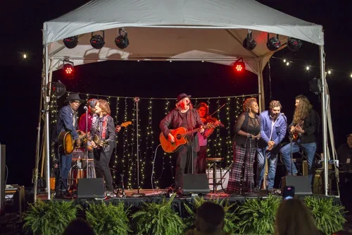 A group of seven musicians performing live on an outdoor stage at night, with string lights in the background.
