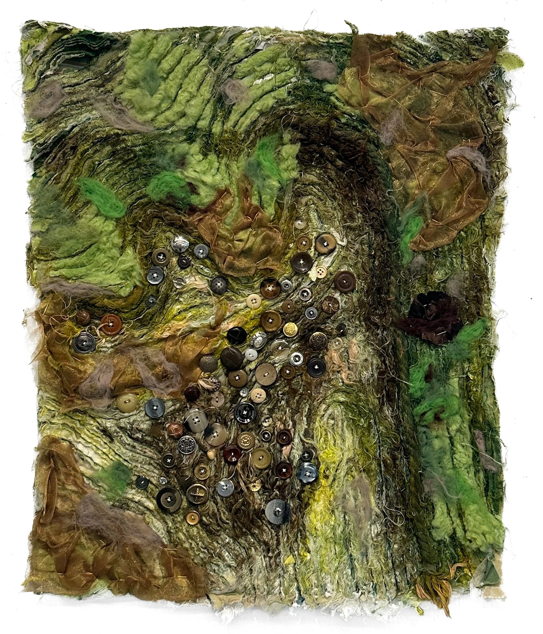 Untitled Chenille Quilt #1, mx-dye, hand dyed fabric, hand embellished with buttons and appliqué, hand cut chenille, machine-sewn, 18"x22"