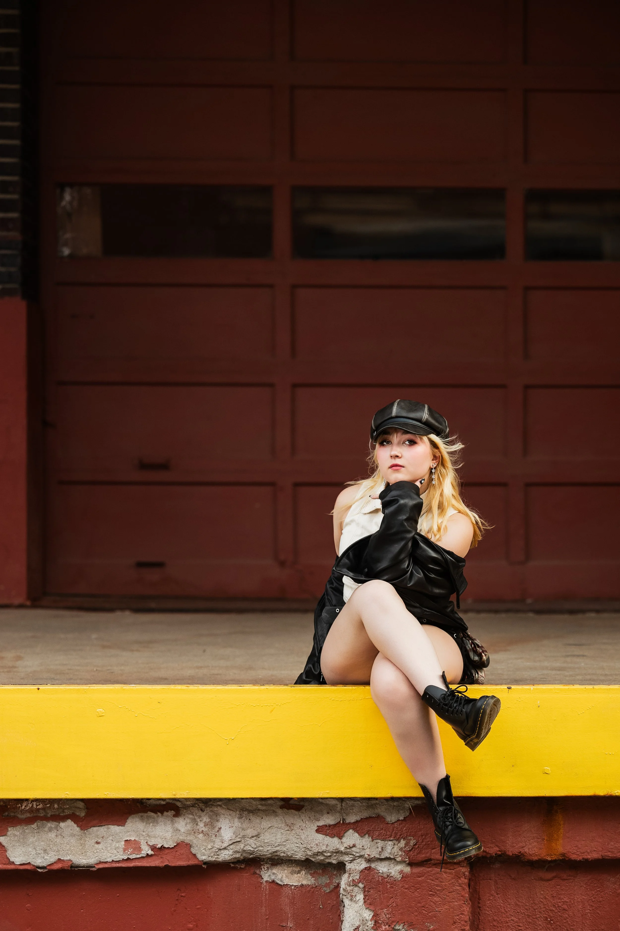 Editorial senior photo of a girl jumping and dancing on a Kansas City street with parked cars and buildings in the background.