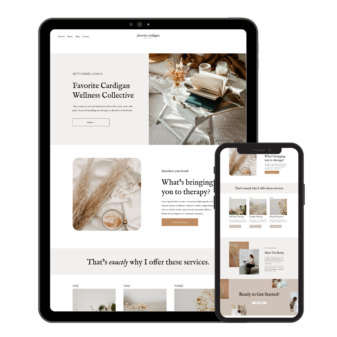 A mockup on an ipad and an iphone of a squarespace template for therapists and coaches designed by Ellie Miller Design Co.