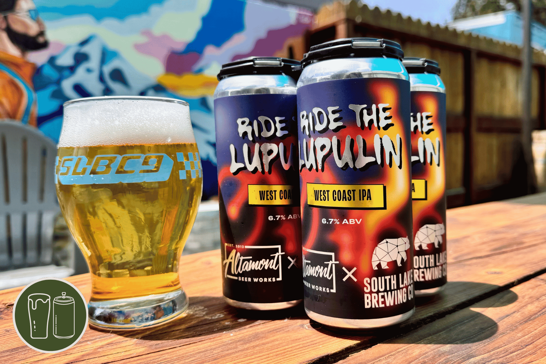 Four pack of Ride the Lupulin next to a pint.