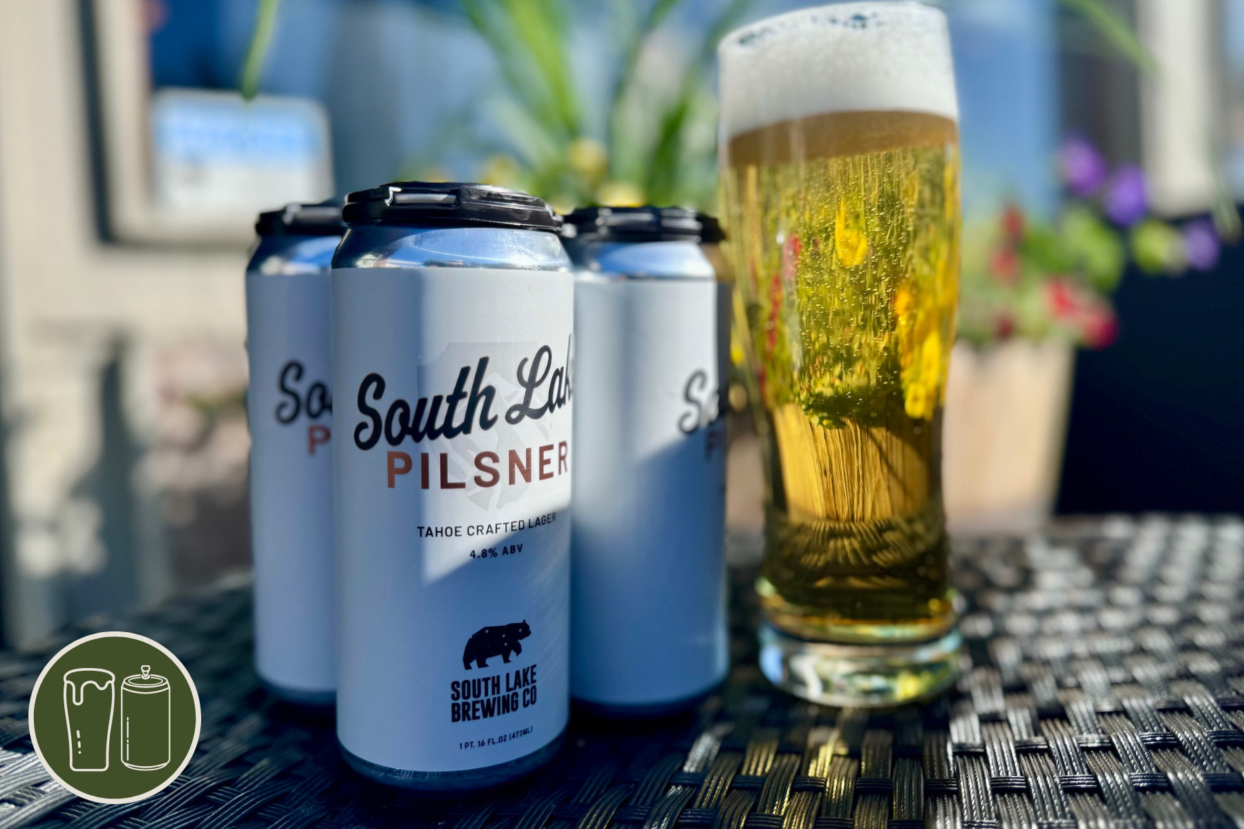 Four pack of South Lake Pilsner and a pint.